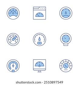 Ícones do velocímetro definidos. Linha Duotone estilo, traço editável. boost, velocímetro, aceleração, barômetro, painel, desempenho.