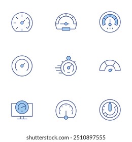 Speedometer icons set. Line Duotone style, editable stroke. gas, speedometer, measure, overload, airspeed indicator, performance.