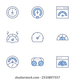 Geschwindigkeitsmessersymbole eingestellt. Linienduotonstil, bearbeitbarer Strich. Boost, Auto Armaturenbrett, Leistung, Tacho, Internet, Zähler.
