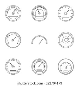 Speedometer icons set. Outline illustration of 9 speedometer vector icons for web