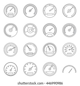 Speedometer icons set in outline style isolated vector illustration