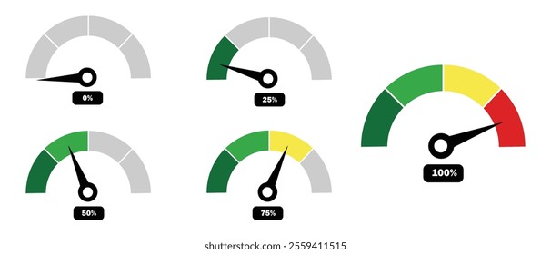 Speedometer icons set with percentage. Speed indicators. Speed dial indicator green, yellow and red color. low and high barometers. Infographic of risk, gauge, score progress. Speed, Power. Gauge.