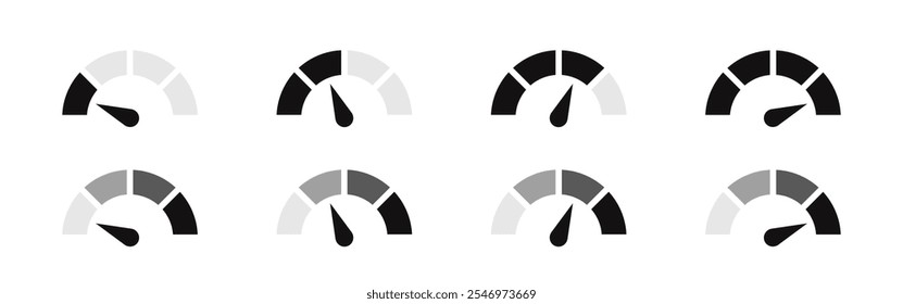 Speedometer icons set. Speed indicator, Internet car speed. Performance concept. Speedometer set. Fast speed sign. Vector illustration.