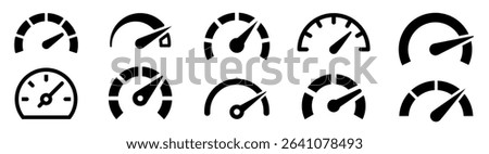 Speedometer icons set. Speed, tachometer, fast, indicator, risk, performance, slow, car, speeding - stock vector.