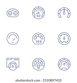 Speedometer icons set. Thin Line style, editable stroke. speedometer, speedtest, dashboard, speed limit, performance.