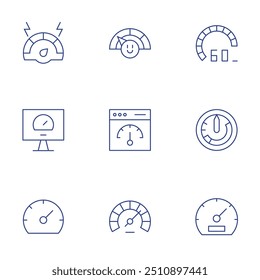 Speedometer icons set. Thin Line style, editable stroke. speedometer, speed, performance, airspeed indicator, attitude.