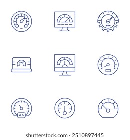 Speedometer icons set. Thin Line style, editable stroke. speedometer, speed, dashboard, meters.