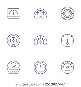Speedometer icons set. Thin Line style, editable stroke. speedometer, speed, boost, coding.