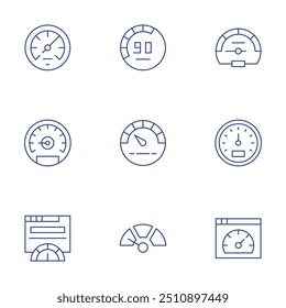 Ícones do velocímetro definidos. Estilo de linha fina, curso editável. velocímetro, lento, odômetro, dificuldade, teste de velocidade.