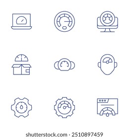 Conjunto de iconos de velocímetro. Estilo de línea delgada, carrera editable. velocímetro, presión, velocidad, optimización, rendimiento, gestión.