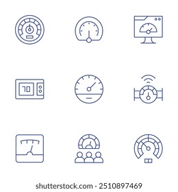 Speedometer icons set. Thin Line style, editable stroke. speedometer, measuring, meter, speed, performance.