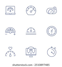 Speedometer icons set. Thin Line style, editable stroke. speedometer, dashboard, control, performance.