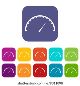 Speedometer icons set vector illustration in flat style In colors red, blue, green and other