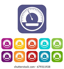 Speedometer icons set vector illustration in flat style In colors red, blue, green and other