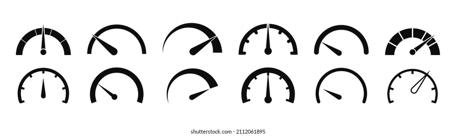 Speedometer icons. Speed gauges. Meters of speed for car. Indicator for dashboard of car. Tachometer, odometer for gauge of performance. Measure of internet speed. Vector.