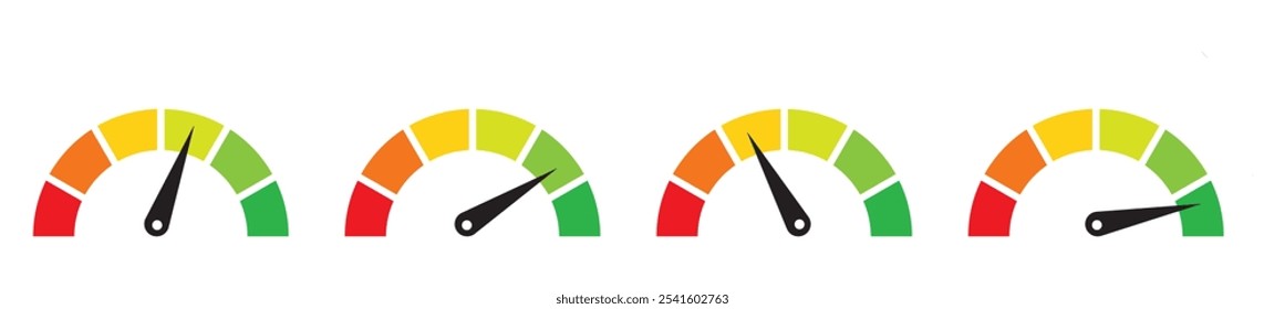 Speedometer icons. Speed indicator. Speedometers icons set. Speed guage. Risk indicator. Risk meter