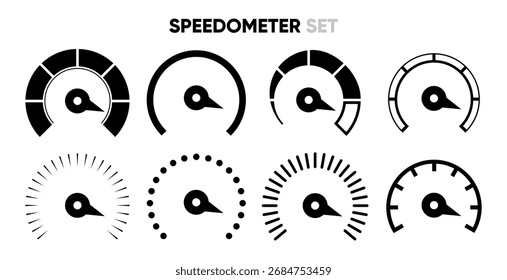 Ícones do velocímetro. Indicador de velocidade. Definição dos ícones dos velocímetros. Medidor de risco. Coleção de ícones de indicadores. Ilustração vetorial.