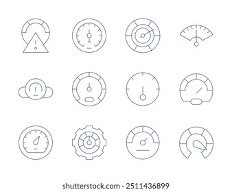 Iconos del velocímetro. Estilo de línea delgada, carrera editable. velocímetro, velocidad, límite de velocidad, medidor, eficiencia, riesgo, velocímetros.