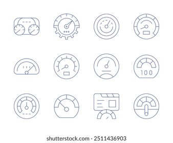 Tachosymbole. Stil der dünnen Linie, bearbeitbarer Strich. Geschwindigkeitsmesser, Geschwindigkeit, Effizienz, Armaturenbrett, Geschwindigkeitsbegrenzung, Leistung, Auto Armaturenbrett.