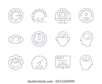 Speedometer icons. Thin Line style, editable stroke. speedometer, pressure, speed, airspeed indicator, performance, management.