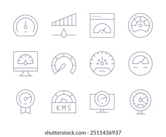 Tachosymbole. Stil der dünnen Linie, bearbeitbarer Strich. Geschwindigkeitsmesser, Überlast, Geschwindigkeit, Leistung, Leistung, Messgerät.