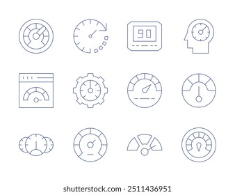 Speedometer icons. Thin Line style, editable stroke. speedometer, fast, internet, power, performance, speed, acceleration.