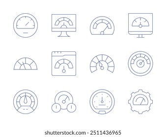 Iconos del velocímetro. Estilo de línea delgada, carrera editable. velocímetro, salpicadero, rendimiento.