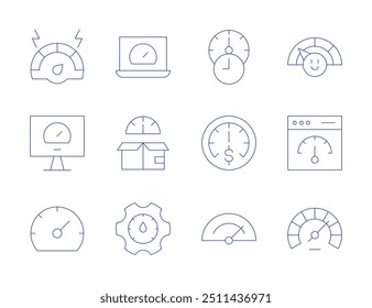 Speedometer icons. Thin Line style, editable stroke. speedometer, benchmarking, speed, performance, optimization, attitude.