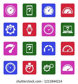 Speedometer Icons. White Flat Design In Square. Vector Illustration. 