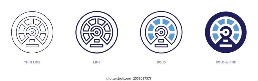 Speedometer illumination icon in 4 different styles. Thin Line, Line, Bold, and Bold Line. Duotone style. Editable stroke.