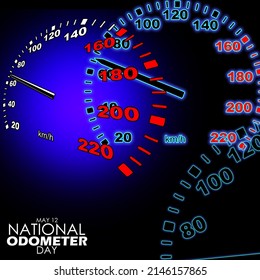 speedometer illustration image with bold texts on black background, National Odometer Day May 12