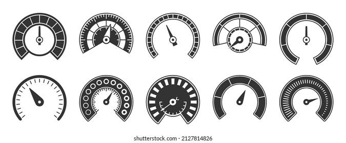 Speedometer indicator dashboard black glyph set. Transport icon measurement speed load scale driving symbol. Traffic online download power progress internet technology traffic measuring isolated white