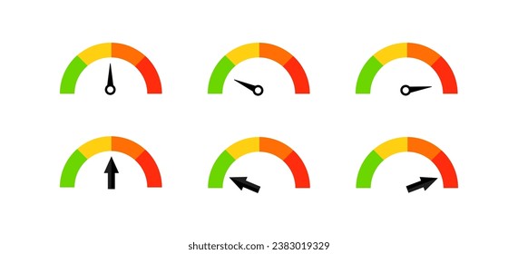 Speedometer indicator icons. Flat, color, speedometer with arrow, indicator icons. Vector icons