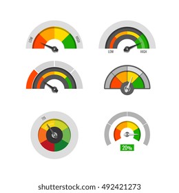 Speedometer indicators gauges low, moderate and high measurement levels vector stock. Level and rating illustration