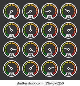 Speedometer and Indicators Icons Set on Dark Background. Vector