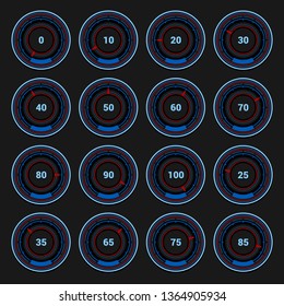 Speedometer and Indicators Icons Set on Dark Background. Vector
