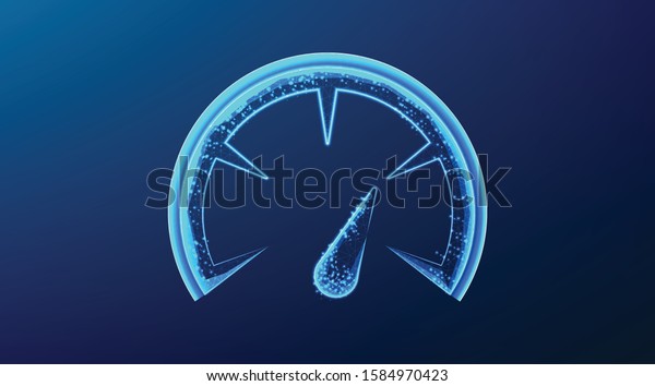Speedometer indicators\
level score, scale panel accelerate rating. abstract low poly\
wireframe mesh design. from connecting dot and line. vector\
illustration on blue\
background
