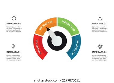 Speedometer infographic with 4 elements template for web, business, presentations, vector illustration. Business data visualization.