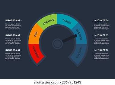 Speedometer infographic with 6 elements template for web, business, presentations, vector illustration. Business data visualization.