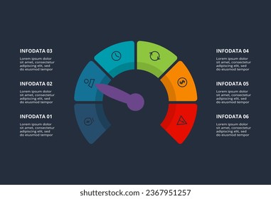 Infografik des Speedometers mit 6 Elementen Vorlage für Web, Business, Präsentationen, Vektorgrafik. Visualisierung von Geschäftsdaten.