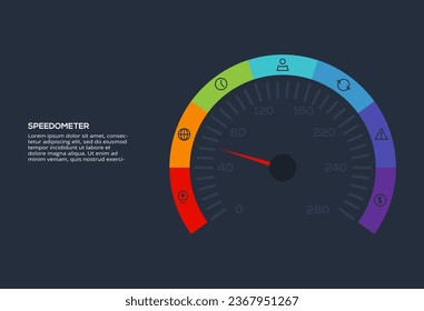 Speedometer infographic with 7 elements template for web, business, presentations, vector illustration. Business data visualization.