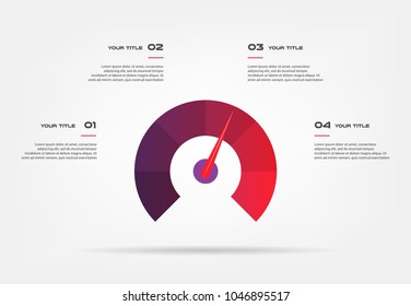 Speedometer infographics with circle. Element of chart, graph, diagram with 4 options - parts, processes, timeline. Vector business template for presentation, workflow layout, annual report