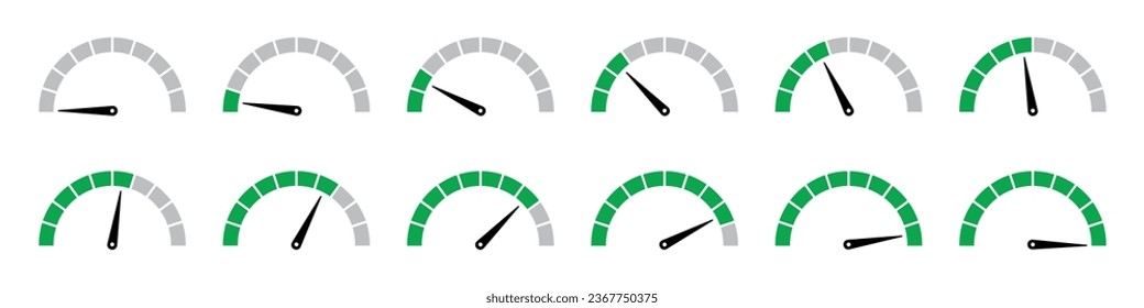 infografía del velocímetro en color verde. Carga del velocímetro y recolección de progreso. Juego de infografías de velocímetro de 0 a 100 en color verde.