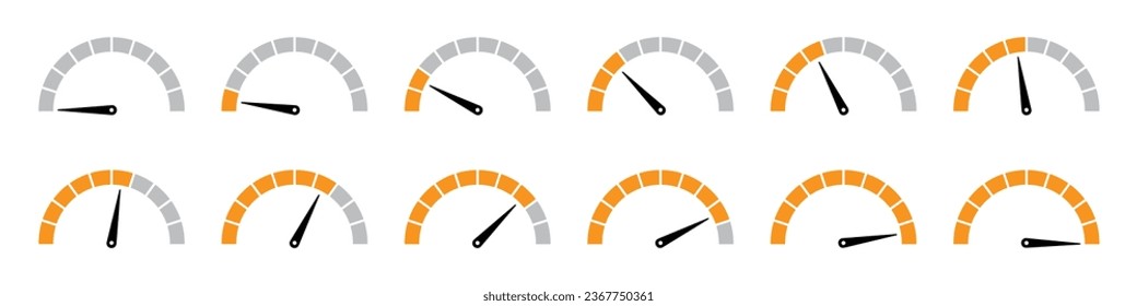 Speedometer infographics in orange color. Speedometer loading and progress collection. Set of speedometer infographics from 0 to 100 in orange color. svg