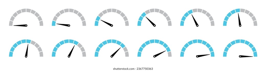 Speedometer infographics in sky blue color. Speedometer loading and progress collection. Set of speedometer infographics from 0 to 100 in sky blue color.