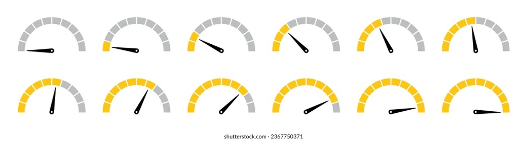 Speedometer infographics in yellow color. Speedometer loading and progress collection. Set of speedometer infographics from 0 to 100 in yellow color.