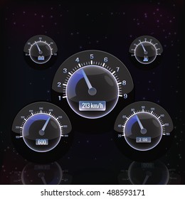 Speedometer interface set isolated on black background with different sizes glowing elements vector illustration