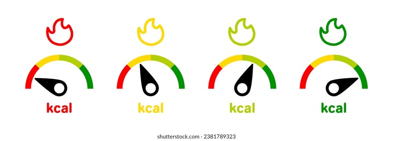 Juego de iconos kcal del velocímetro. Señal vectorial de kilocalorías de tacómetro. Icono de indicador de calorías