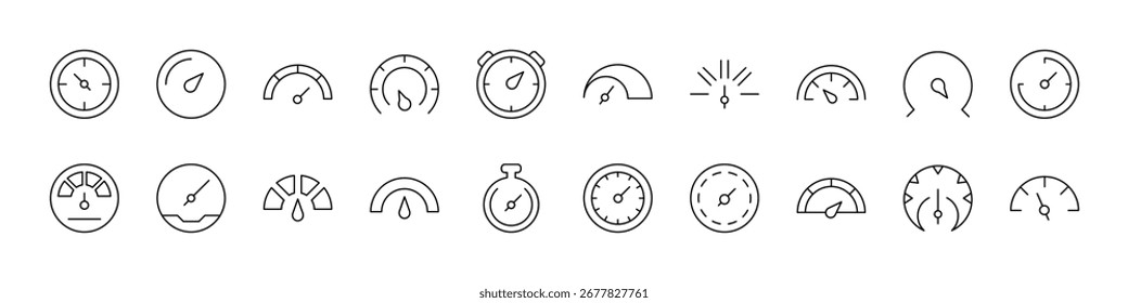Coleção de Ícones da Linha do Velocímetro. Outline Signs para Gráficos e Web Design, Apps, Anúncios, Vários Cartões 