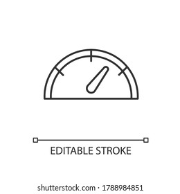 Speedometer linear icon. Gas dial. Dashboard with pointer. Check internet performance. Thin line customizable illustration. Contour symbol. Vector isolated outline drawing. Editable stroke